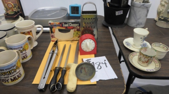 kitchen lot, timer, knife sharpners, tongs, food chopper and more