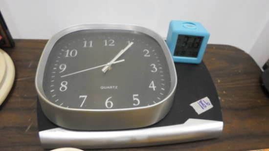 household lot, two clocks and a scale
