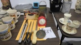 kitchen lot, timer, knife sharpners, tongs, food chopper and more