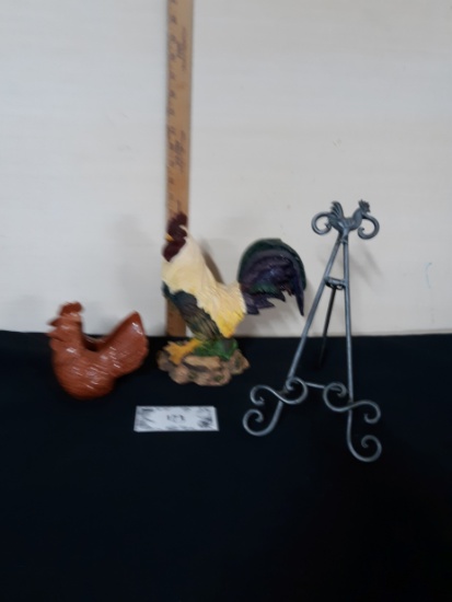 Rooster Lot, ceramic napkin holder, resin rooster, metal easel
