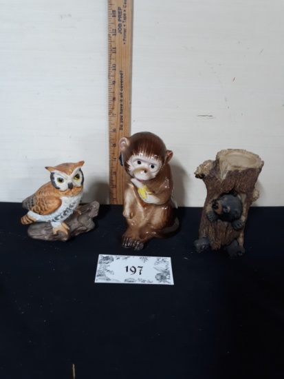 Home Décor Lot, Owl, Ceramic Monkey (Japan), Resin Bear