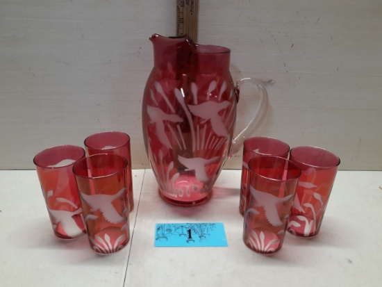 Vintage 1950 Federal Glass Pitcher & 6 Highball Glasses