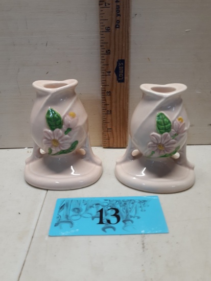 Hull Pink Magnolia Candle Sticks, one has small chip