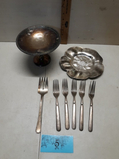 Silver Plated Lot, Flower Dish, Forks, Serving Dish