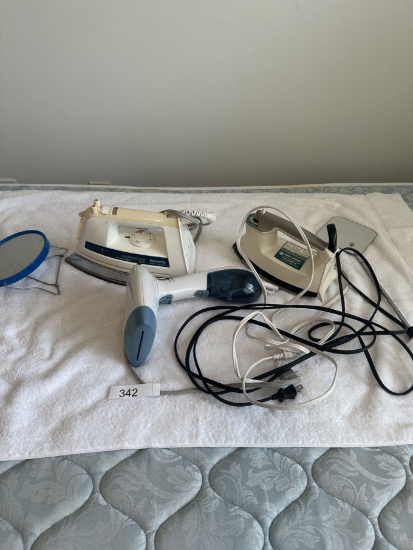 Box Lot/Irons, Mirror, Personal Steamer, ETC