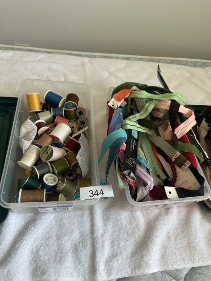 (2) Shoe Box Size Lidded Totes Full of Misc Thread, ETC