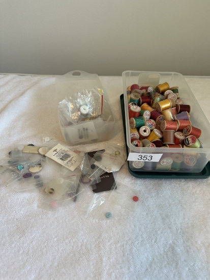 Lidded Tote Full of Misc Spools of Thread, Buttons, ETC