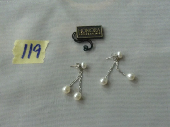 designer sterling earrings, new pearl and sterling earrings by the Honora collection with tag 3.8g