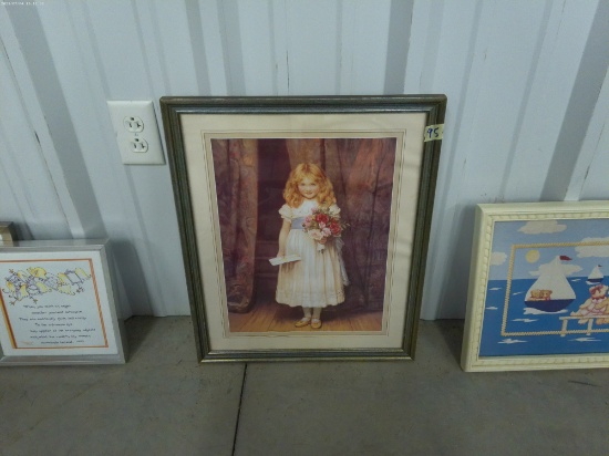 art, framed and matted print of a little girl with flowers 17x22