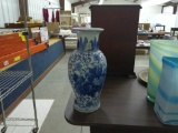 asian vase, blue and white floral design 14in tall