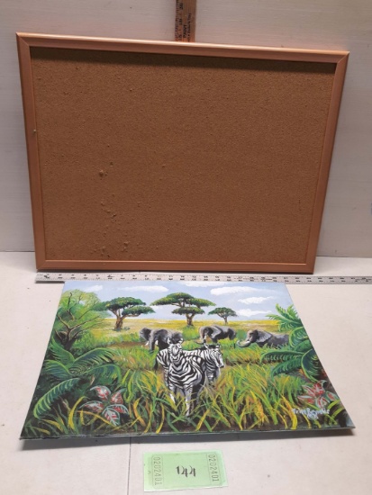 Cork Board, Zebra Painting Signed '03 Tripp Reynolds
