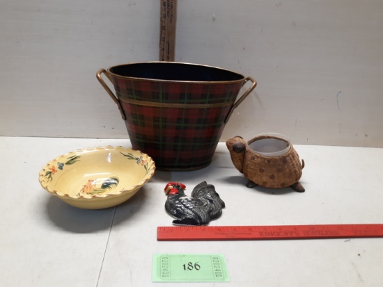 Misc Lot, Decorative Bucket, Turtle Basket, Chicken Bowl, Rooster