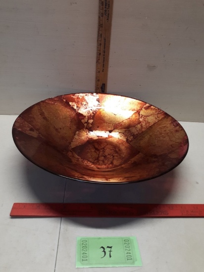 LARGE VINTAGE GOLD AND RED-ORANGE ART GLASS DECORATIVE BOWL
