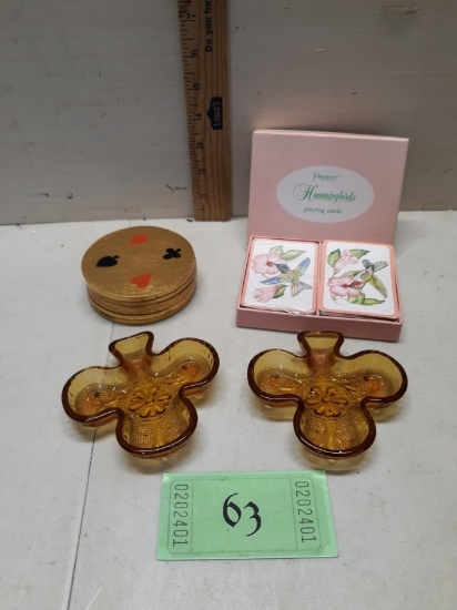 Vtg Hummingbird Playing Cards, Coasters, Vtg Amber Tiara Card Suit Club Nut Dish