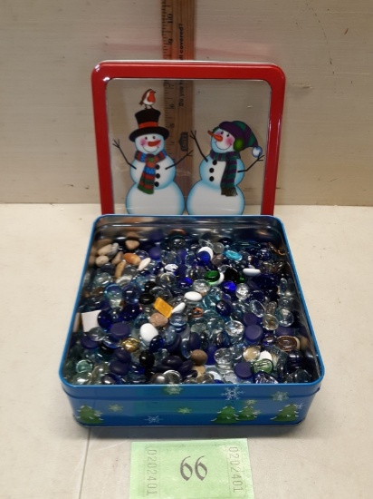 Decorative Glass and Rocks, Snowman Tin