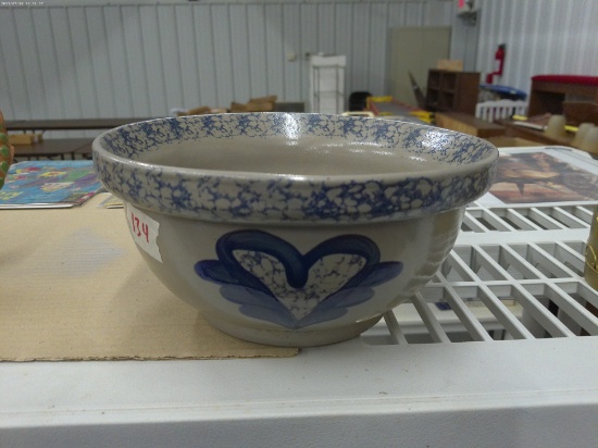 beaumont brothers pottery mixing bowl, handmade spongeware mixing bowl from 1992 4.5in tall and 9in