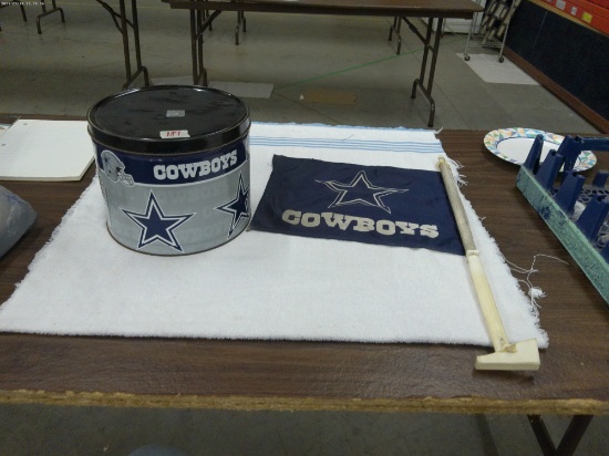 dallas cowboys lot, metal tin with lid 8in tall and a auto window flag