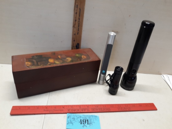 Misc Lot, Flashlights, Wooden Box