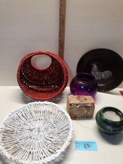 Misc Lot, Baskets, Chicken Plate and more