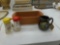 dishes, vintage salt and pepper set, dark floral creamer, and a clay baking dish