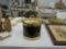 vintage ice bucket, black and gold color with metal top and handle 7in tall and 7in across