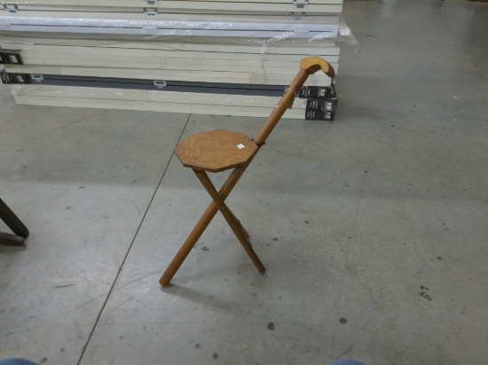 vintage wood kan-o-seat, wood walking stick with folding seat cane is 35in long