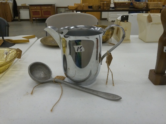 vintage kitchen items, stainless steel pitcher and gold medal sno-cone spoon