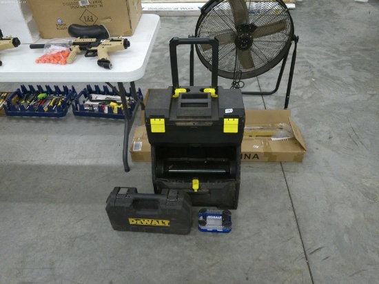 tool storage, stanley rolling toolbox and a dewalt drill case and a kobalt bit case