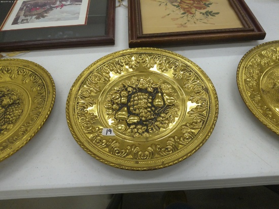 vintage brass wall plate, made in england with fruit design 12in across
