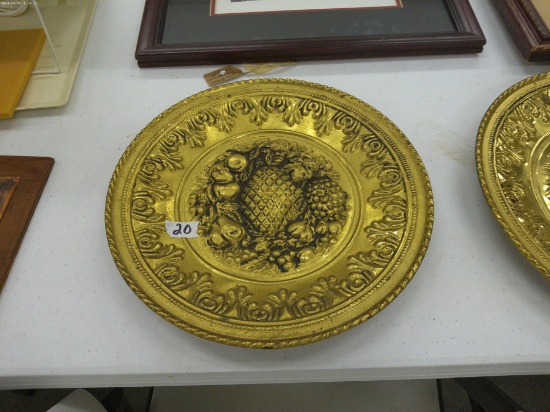 vintage brass wall plate, made in england with fruit design 12in across