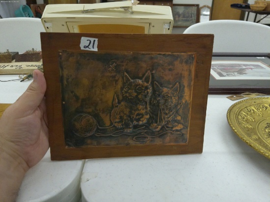 embossed copper art, image of cats on a dark wood board 8x10