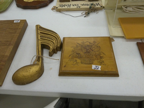 wall decor, etched wood floral plaque and music note