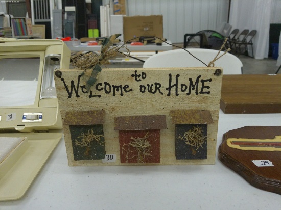 welcome sign, wood with birdhouse design 7x11 handmade