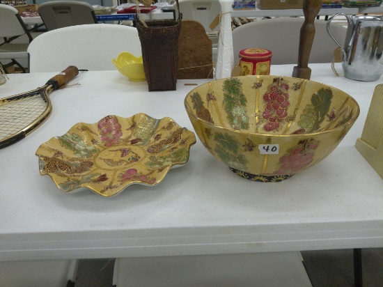 chinese fruit bowl and platter set, hand painted bowl is 10in across