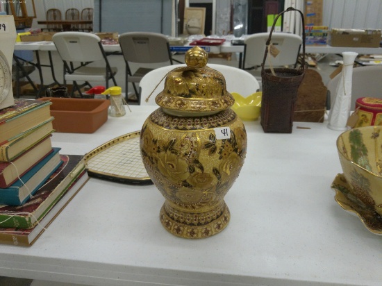 chinese urn/ginger jar, hand painted with original lid 12in tall