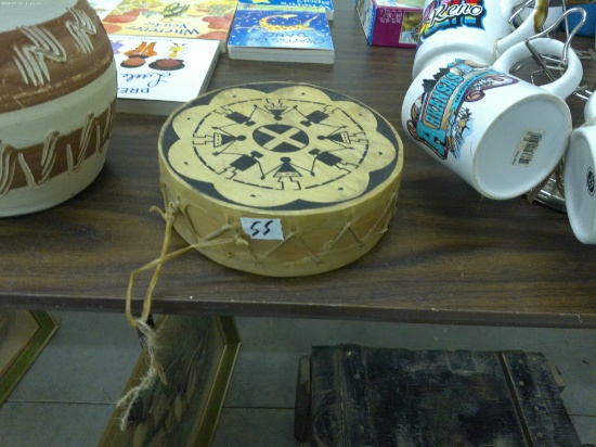 native american animal hide drum, all handmade of natural materials by a native american artist