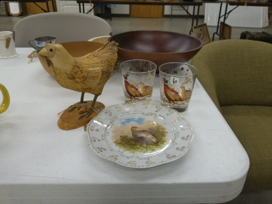 bird decor, two liquor glasses, quail plate, and handmade bird figure that is 7in tall