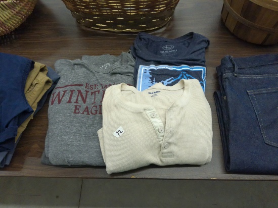 men's tops, league brand size M t-shirt, subaru t-shirt size L, old navy long sleeve 2XL
