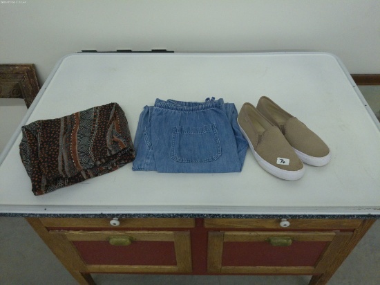 ladies clothing, L.L. bean size M slip-on jeans, 35th and 10th slip-on size s/m and a pair of keds s
