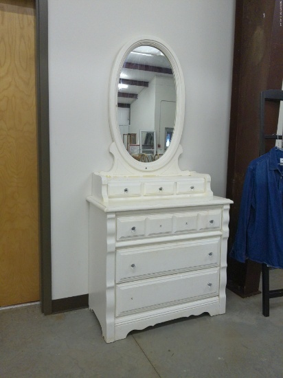 vanity dresser, all wood with oval mirror has six drawers total 36in wide and 76in tall