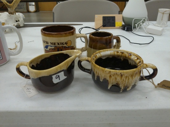stoneware pottery, two mugs and a vintage pfaltzgraff cream and sugar set