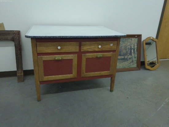 antique hoosier style kitchen work table and cabinet, has 4 drawers and original hardware and top 31