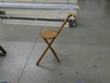 vintage wood kan-o-seat, wood walking stick with folding seat cane is 35in long