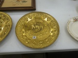 vintage brass wall plate, made in england with image of hunters with dogs 12in across