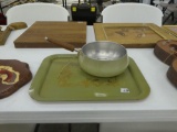 green enamelware, pot and ivy pattern serving tray is 14.5in long