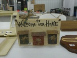 welcome sign, wood with birdhouse design 7x11 handmade