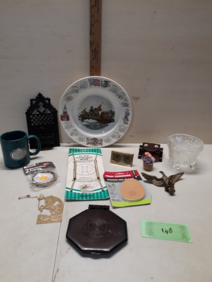 Misc Lot, Calendar Plate, Cast Iron Match Holder, Vintage Mirror and more