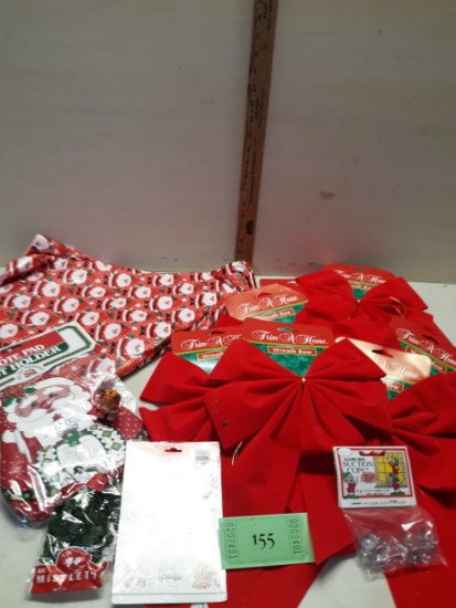 Christmas Décor Lot, Bows, Table Cloth and more