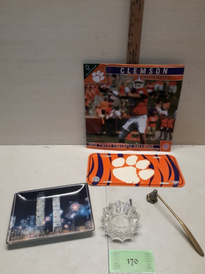 Clemson Calendar and Tag, Twin Tower Memorial Plat, Brass Snuffer, candle holder