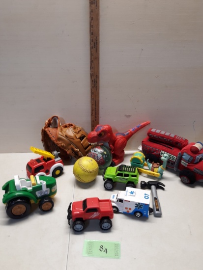 Misc Toy Lot, cars, Dinosaurs, Greenville Braves Mit and more